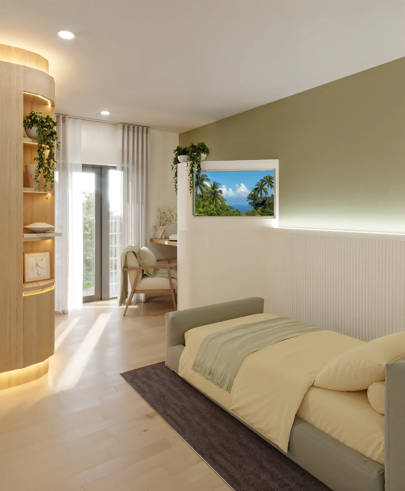 Private suite at Burradoo Residences with soft blue furnishings and natural light